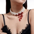 Three-layer faux pearl necklace with red crystal blood drip fringe for Halloween - Three Layer White Pearl Style (6701K1)