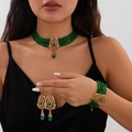 Conjunto de collares bohemios dorados con cristales verdes y colgantes de gota - Estilo Étnico Vintage (5360) / Dorado + Verde