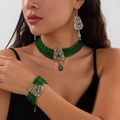 Choker vintage multistrato in cristallo verde con frange a goccia e orecchini abbinati - Set Collana Bracciale E Orecchini (5360K3) / Argento e Verde