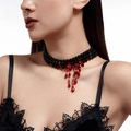 Gothic 3-layer black pearl choker necklace with red crystal blood drip fringes for women - Three Layer Black Bead Style (6701K2)