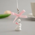 Cute white flocked bunny phone charm with pink satin bow and pearl bead accent - White Rabbit Imitation Pearl Bow Style (0212)