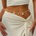 Bohemian style gold starfish and seashell body chain with white pearls on a model - Imitation Pearl Ocean Charm String / Gold (1768)