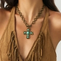Punk ketting met bronzen kruis hanger, turquoise stenen en OT-sluiting ketting - Turkoois Ingelegd Kruis (7258) / Brons