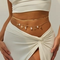 Golden double-layer belly chain with pearls, starfish, and seashell charms for beach style - Snake Chain and Ocean Pearl Charms Combo / Gold (6294)