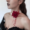 Gothic multilayer pearl choker with dark red rose and blood-red beaded tassels - Dark Red Rose + White Artificial Pearl (6644K2)
