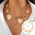 Golden chunky chain necklace with diverse lava heart pendants on white shirt - Necklace-Gold (6865)
