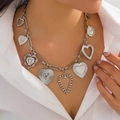 Silver lava heart pendant necklace with multiple charms and thick link chain - Necklace-Silver (6865)