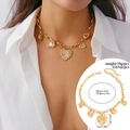 Golden chunky chain necklace with textured heart pendants and sparkling rhinestones - Necklace-Gold (7297)