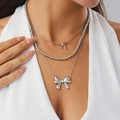 Three-layer silver necklace with polished bow pendants and beaded chain for women - Silver Bow Ball Chain Necklaces