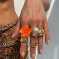 Baroque pearl ring with orange flower and textured gold rings for women - Enamel Gemstone Lava Style (6134) / 6-Piece Set / Light Gold / Orange
