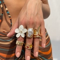 Bohemian style gold ring set with white flower, baroque pearl and colorful gemstones - Enamel Gemstone Lava Style (6134) / 6-Piece Set / Light Gold/White