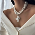 Multi-layer faux pearl cross necklace with liquid metal pendant and vintage silver chain - Triple Layer Pearl Style - Silver (6986)