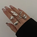 Ensemble de bagues argentées minimalistes au design de métal liquide aux formes fluides - Style Irrégulier Goutte Liquide / Argent