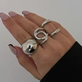 Ensemble de 4 bagues argentées en métal liquide avec bague bulle et design torsadé - Style Croisé Double Boucle Grand Dôme / Argent