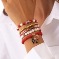 Red and white Heishi bead bracelet set with HOOKEM lettering and football charm - Red And White Sports Slogan Style(5812)