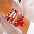 Multilayer rugby themed bracelet set with colorful clay beads and a golden helmet charm - Red And Black Rugby Competition Style(5814)