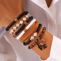 7-piece black and orange beaded bracelet set with Game Day and Love football charms - Black And Orange Power Competition Style(5819)
