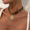 Leopard print fabric choker necklace with a gold metal flower pendant for women - Flower Style (7103)