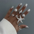Silbernes Meeres-Ring-Set mit Seestern und Muschel für Damen in edlem Metal-Look - 02 Silber (6483)