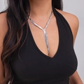 Silver-toned flat snake chain necklace featuring a layered Y-shape tassel drop design - Silver (7088)
