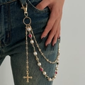 Vintage gold layered pants chain with pearls and colorful rhinestone crosses for hip hop style - Fine Cross Triple Layer Style (1728K2) / Gold