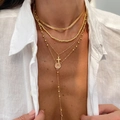 Juego de collares dorados a capas con cadena de serpiente, cuentas y colgante de cruz - Collar Multicapa (6109) / Dorado