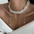 Three-layer faux pearl choker necklace with elegant silver metal tassels and bead accents - Three Layer Pearl Tassel Style (7214) / White K Color (7214)