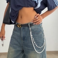 Double-layered pearl and silver clover cross pants chain for hip-hop fashion styling - Hollow Clover Double Layer Style (1756) / Silver