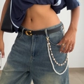 Multilayer faux pearl waist chain with golden clover charms on blue jeans - Hollow Clover Double Layer Style (1756) / Gold