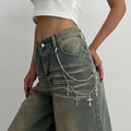 Punk silver multi-layer waist chain with thorn links and metal cross pendants - Barbed Wire Cross Style (1777)