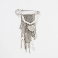 Silver layered tassel pin brooch with white pearls, heart charm and metal cone pendant - Silver Pearl Heart Cone Tassel Style (0346)