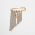 Spilla metallica con lunghe nappe argentate e un ciondolo a cuore dorato - Stile Nappa a Cuore Oro Argento (0365)