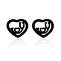 Detail view of black heart stethoscope earrings with matte finish and hollow design - Black
