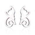 Detailed view of silver minimalist hollow cat silhouette stud earrings with reflection - Steel