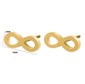 Macro shot showing dimensions of polished gold infinity symbol stud earrings - Infinity Symbol Style / Gold