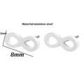 Macro detail of infinity sign stud earring in stainless steel measuring 8mm by 3mm - Infinity Symbol Style / Steel