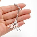 Detailed handheld view of silver stainless steel spider web keychain with metal chain link - Spider Web Style (056)