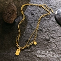 Golden double-layer necklace with paperclip chain and custom engraved pendant tags - Double Layer Portrait ID Tag Necklace / Gold