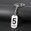 Silver stainless steel lucky number 5 dog tag keychain with polished oval pendant - Number 5