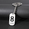 Polished stainless steel keychain featuring a hollow lucky number 8 and LUCKY engraving - Number 8