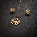 Golden stainless steel jewelry set featuring hollow flower pendant necklace and earrings - Hollow Sunflower Style (154 Gold)
