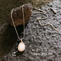 Silver snake chain necklace with white moonstone oval pendant and size specifications - Silver