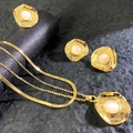 Vintage gold layered necklace and earrings set with irregular hammered metal and white stones - Hammered Wave Cat Eye Stone Style (A527-1)