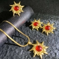 Luxury sun goddess jewelry set with gold snake chain and red gemstone necklace and earrings - Sunburst Red Stone Style (A528-1)