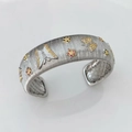 Detail of brushed silver cuff bangle with colorful zircon butterfly and floral inlays - Butterfly Floral Adjustable Bangle / Silver Bracelet