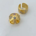 Detail of wide gold-plated rings featuring brushed texture and colorful zircon butterflies - Butterfly Floral Adjustable Ring / Gold Ring