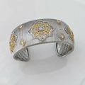 Two-tone brushed texture cuff bracelet with starburst flower pattern and clear zircons - Bracelet White-White Zirconia