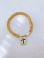 Klassisches goldenes Perlenarmband mit weißer Perle und Zirkon-Kreuz-Rechteckanhänger - Schwarzes Kreuz-Stil (款式3)