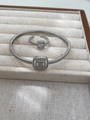 Silver square zircon jewelry set with textured wavy open ring and matching cuff bracelet - Style 1 / White / Ring