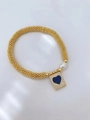 Golden beaded bracelet featuring white pearl and rectangular blue zircon heart charm - Blue Heart Style (款式8)